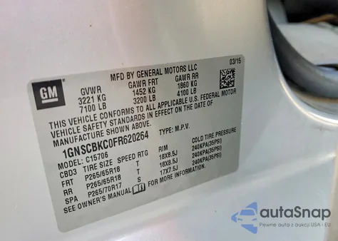 2015 Chevrolet Tahoe C1500 Lt z USA, uszkodzony, nr VIN 1GNSCBKC0FR620264